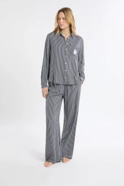 Chemise de pyjama à rayures avec broderie caniche