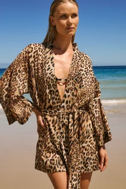 Kimono en coton à imprimé léopard