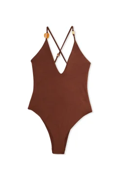 Maillot 1 pièce satiné et lacé avec perles fixes - Etam x Hôtel Mahfouf