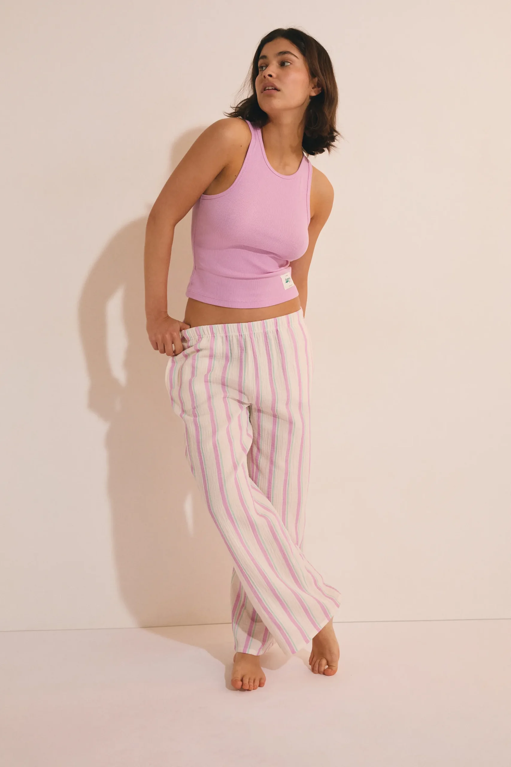 Pantalon de pyjama 7/8 à rayures en gaze de coton
