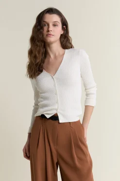 Pull cardigan manches longues en maille côtelée
