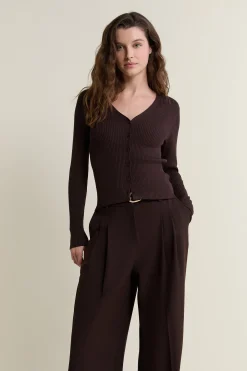 Pull cardigan manches longues en maille côtelée