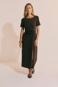 Robe longue drappée en coton avec fente