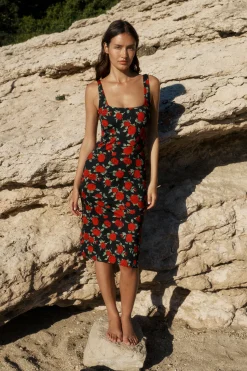 Robe midi avec fente à motif floral