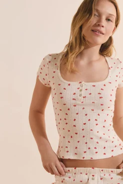 T-shirt manches courtes en pointelle à motifs fraises