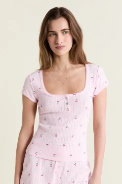T-shirt manches courtes à motifs en coton pointelle