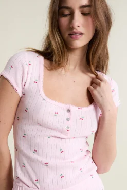 T-shirt manches courtes à motifs en coton pointelle