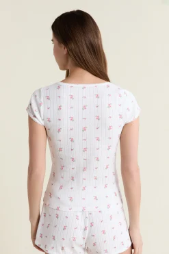 T-shirt manches courtes à motifs en coton pointelle